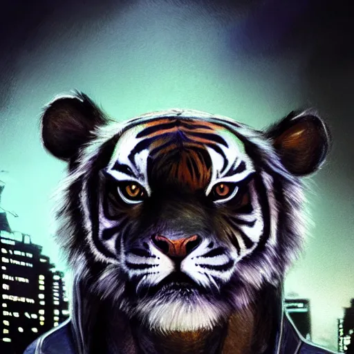 Image similar to a beautfiul award winning commission portrait of an anthro tiger in the neon cyberpunk city at night,wearing a leather jacket,glow effect,detailed face,photorealistic,character design by charles bowater,ross tran,deviantart,artstation,digital art,hyperdetailed,realistoc,western comic style,vfx,dramatic