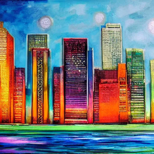 Prompt: realistic painting of a city skyline with colorful buildings and a black night sky reflecting on the water