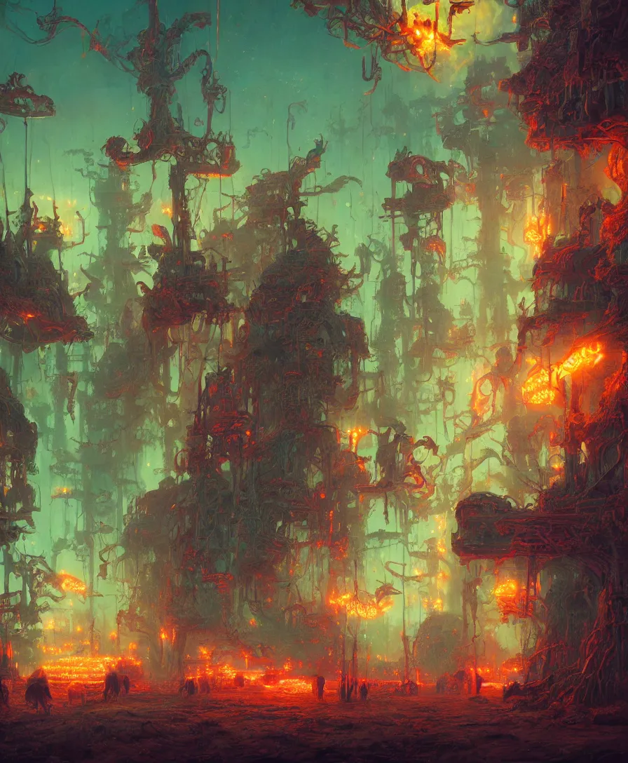 Prompt: hell afterlife, illustrated by simon stalenhag and gaston bussiere, 3 5 mm lens, beautiful macro close - up imagery, rule of third, vibrantly lush neon lighting, beautiful volumetric - lighting - style atmosphere, intricate, ultra detailed, photorealistic imagery, trending on artstation, octane render, 4 k, 8 k