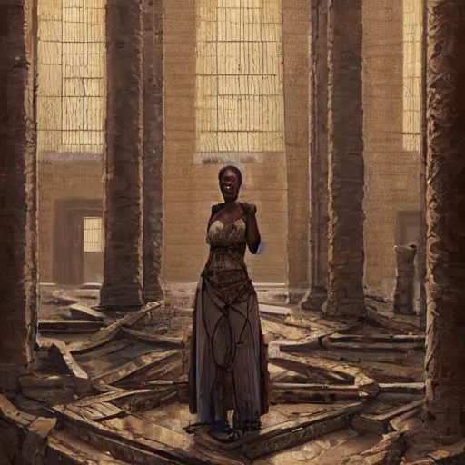 Prompt: a portrait of a woman with braids by Ben Enwonwu and Tim Okamura standing in a a large room with many windows and columns, a detailed matte painting by Noah Bradley, cgsociety, fantasy art, matte painting, concept art, dystopian_art, solarpunk