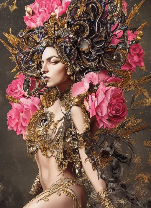 Image similar to expressive full body photo of a female model, ornate headpiece made from flowers, ornaments, glamour shot, by karol bak, by stefan gesell, photorealistic, canon r 3, fashion photography, hyper maximalist, elegant, ornate, luxury, elite, environmental portrait, symmetrical features, octane render, unreal engine, solid dark grey background, dramatic lights