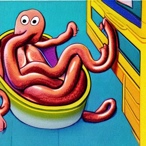 Image similar to an anthropomorphic intestine in a bathtub, live-action children's television show, 1974, technicolor