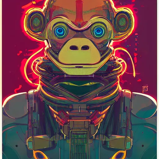 Prompt: portrait of a anthropomorphic monkey robot with human characteristics, digital art, epic composition, fantasy, explosion of color, highly detailed, in the style of jake parker, in the style of conrad roset, swirly vibrant colors, sharp focus