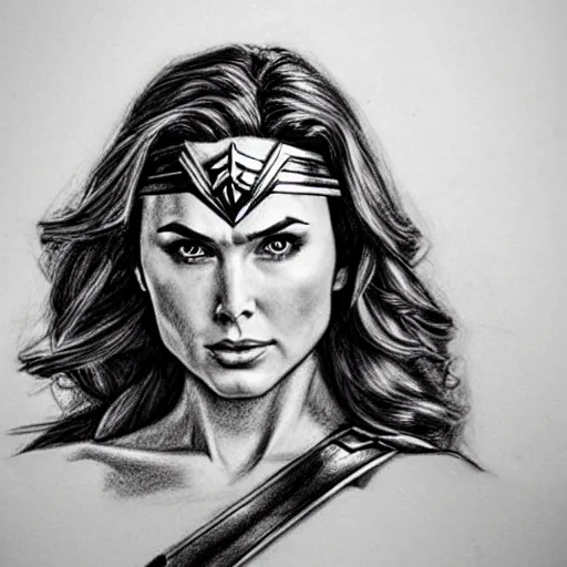 Prompt: highly detailed pencil sketch of wonder woman, hyperrealistic, photorealistic, artstyle, highly detailed, sharp