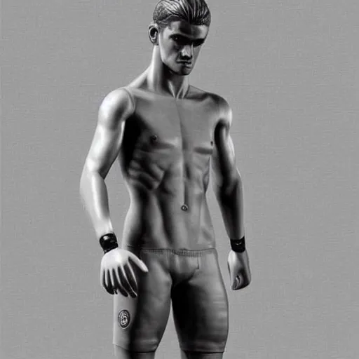 Image similar to a realistic detailed photo of a guy who is an attractive humanoid who is half robot and half humanoid, who is a male android, soccer player antoine griezmann, shiny skin, posing like a statue, blank stare, in a living room, on display, showing off his muscles