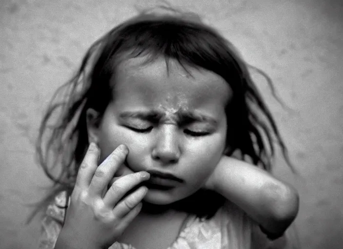 Prompt: analog portrait in white and on dark background in very high resolution with a 5 0 mm f / 2. 0 lens of almost crying serbian children in the 1 9 8 0 s with their eyes closed.