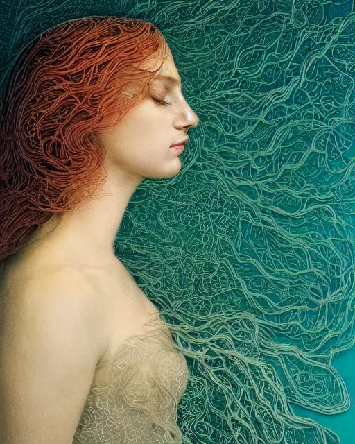 Image similar to a woman's face in profile, long flowing hair entwined in a coral reef, made of intricate decorative lace leaf, in the style of the dutch masters and gregory crewdson, dark and moody