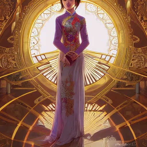 Image similar to woman wearing ao dai, ultra realistic, concept art, intricate details, highly detailed, photorealistic, octane render, 8 k, unreal engine. art by artgerm and greg rutkowski and alphonse mucha