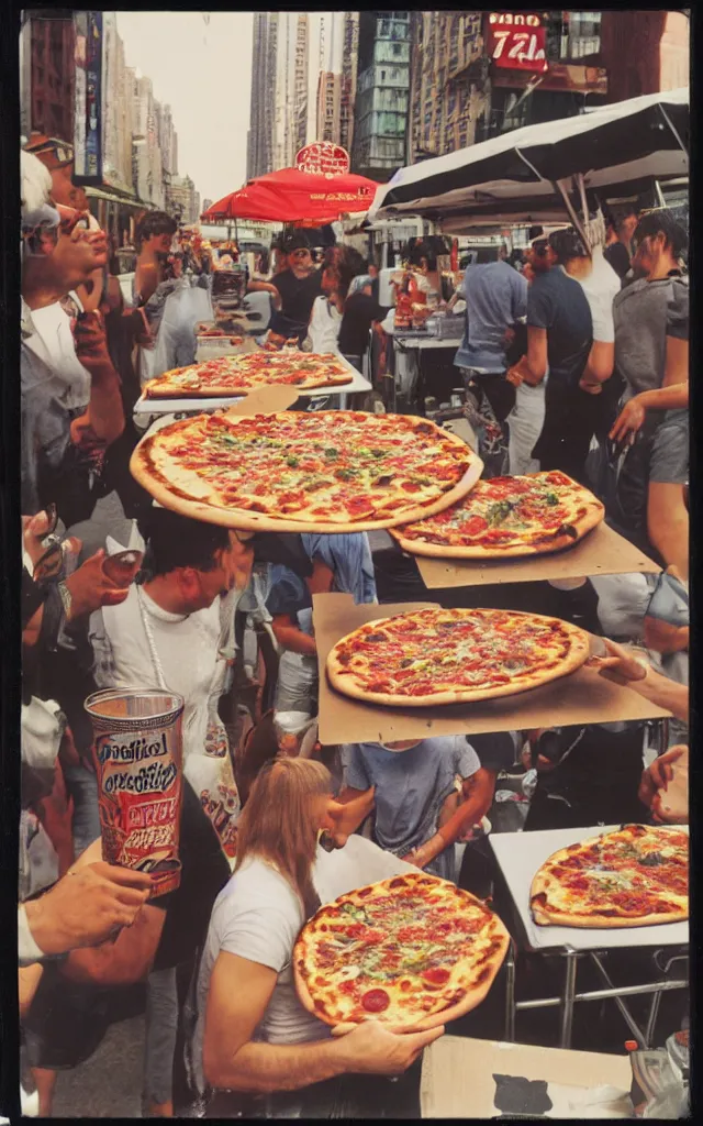 Prompt: one street food cart festival pizza new york, polaroid, maurizio galimberti