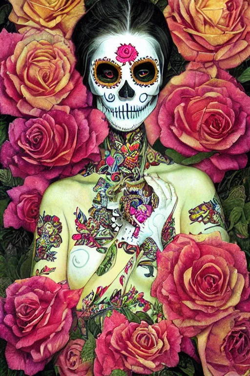 Prompt: Illustration of a sugar skull day of the dead girl, art by james c christensen