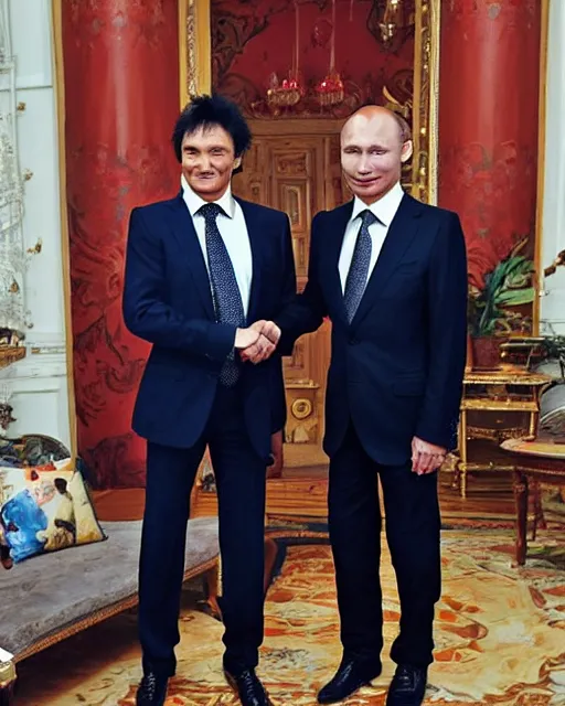 Prompt: sixty years old viktor tsoi with joyful look in a business suit shaking hands with vladimir putin in kremlin, mscow, color photo, mid shot photo, digital photo, 4 k