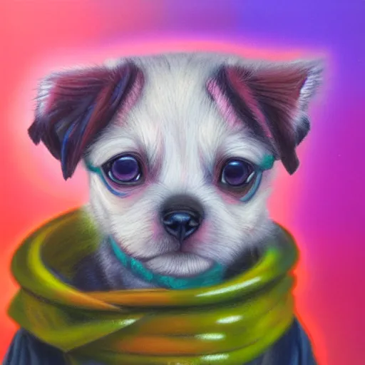 Prompt: Highly detailed pastel painting of a chibi puppy, detailed cyberpunk glitchcore synthwave art, trending on ArtStation