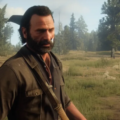 Prompt: Film still of Rick Grimes, from Red Dead Redemption 2 (2018 video game)