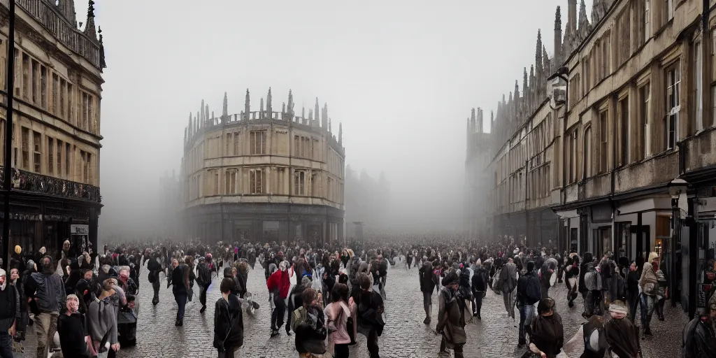 Image similar to crowds of people in the streets of Oxford England 1810, ight, ominous, light mist, light rain, Canon 5D, DSLR, 8k, photo, by Laurence Norah and Luke Stackpoole, unreal engine, ray tracing, cgsociety, artstation