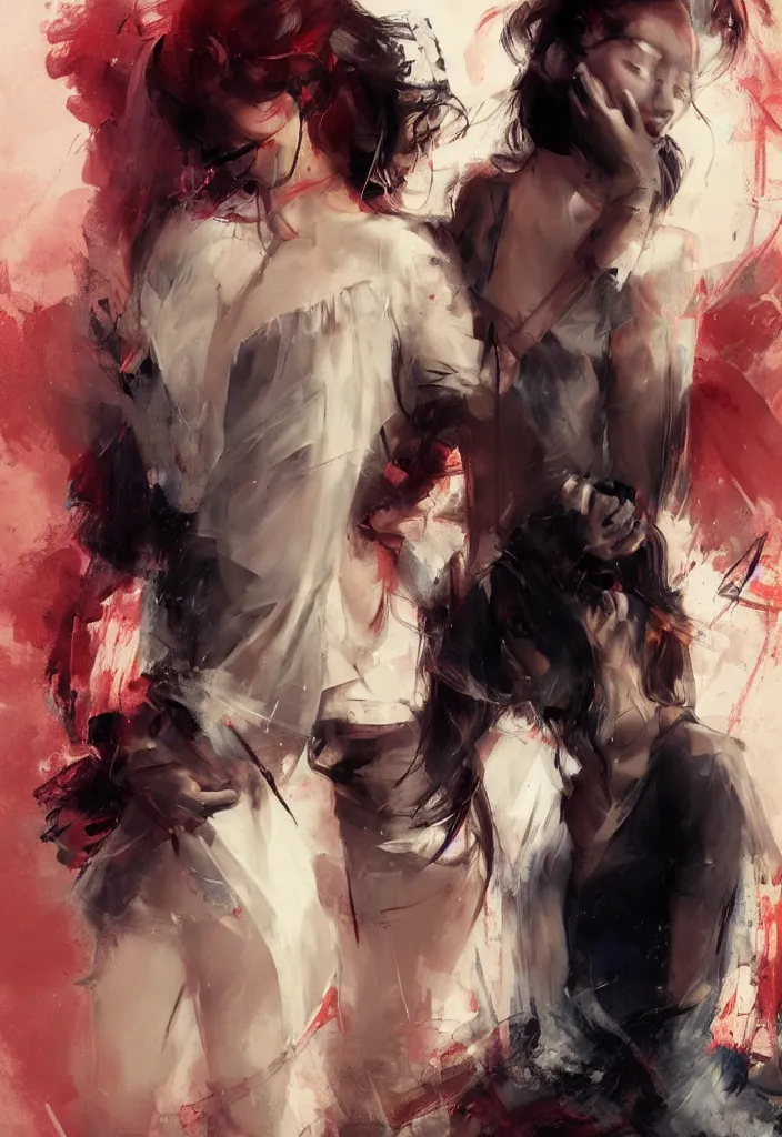 Image similar to full body portrait of a duo of 1 9 years old girl figures, messy hair, oriental tattoos, subjects wearing savile row menswear, beautiful, dramatic, cinematic lighting, few fire red highlights, visible brushstrokes, by ross tran and jeremy mann and guweiz, oil on canvas, artstation, pixiv