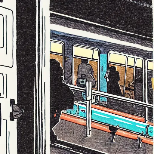 Image similar to a risograph print of a man walking into a New York City subway station