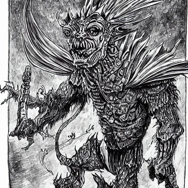 Image similar to Ink drawing of a draconic goblin shamen in the style of the AD&D monster manual detailed HD 8k High Resolution