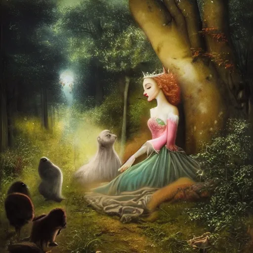 Image similar to A beautiful street art of Princess Aurora singing in the woods while surrounded by animals. She looks so peaceful and content in the company of the animals, and the colors are simply gorgeous. flash photography by Brian Mashburn, by Arnold Böcklin