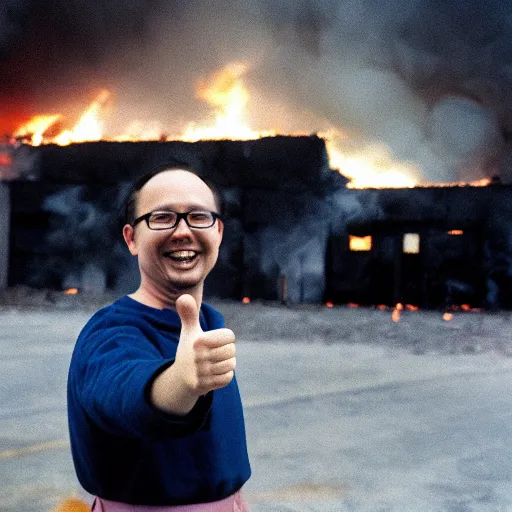 Image similar to a photo of a smiling system administrator doing a thumb up to the camera in front of burning data center in flames in the background, 35mm, full body shot, press photo