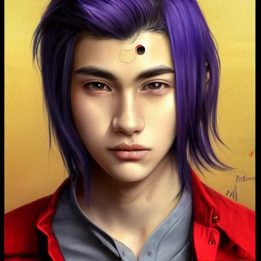 Image similar to teenager boy with straight indigo hair, purple eyes with red eye markers, slim body, wearing japanese combat clothes, black and red details. modern, realistic, looking at the camera, enjoying life!!! elegant, highly detailed, digital painting, artstation, concept art, matte, sharp focus, illustration, art by artgerm and greg rutkowski and alphonse mucha