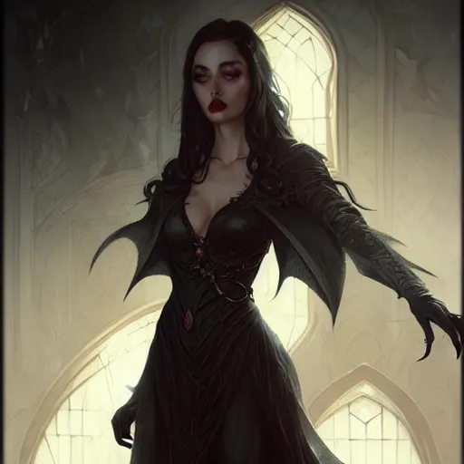 Image similar to desirable Vampire woman, fantasy, intricate, elegant, highly detailed, digital painting, artstation, concept art, matte, sharp focus, illustration, art by artgerm and Greg Rutkowski, dreadjim, zeen chin