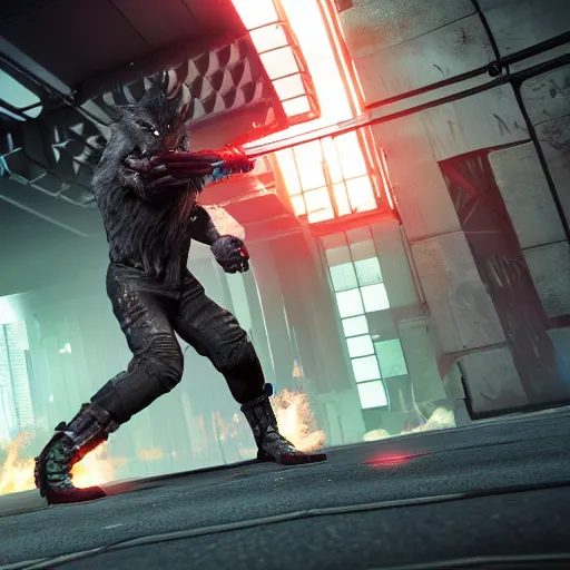 Image similar to cyberpunk werewolf holding a katana and jump on ng into action, action scene screenshot, unreal engine