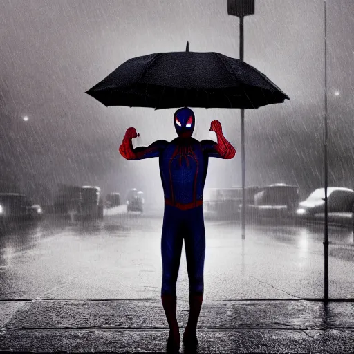 Image similar to Spiderman standing under rain with,mellow , dramatic, sad ambience. Heroic scene , 4k