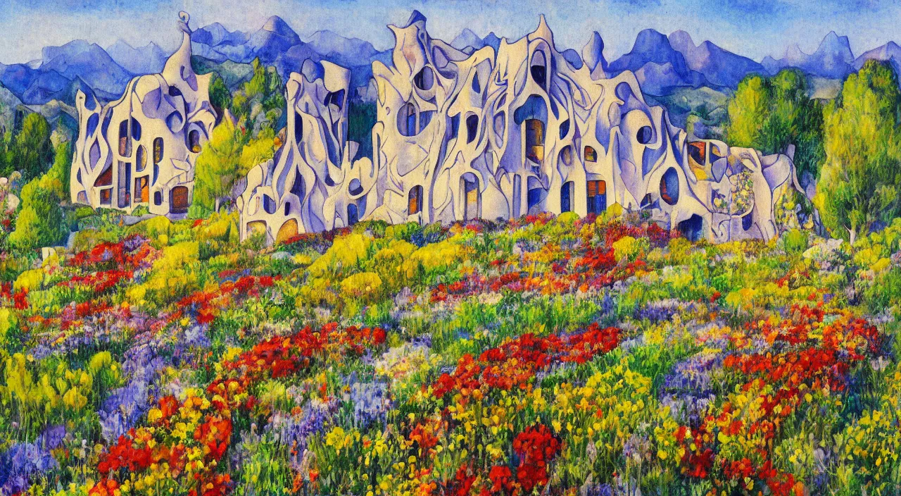 Prompt: a landscape painting of a house designed by Antoni Gaudí, with flower fields as foreground, with mountains as background