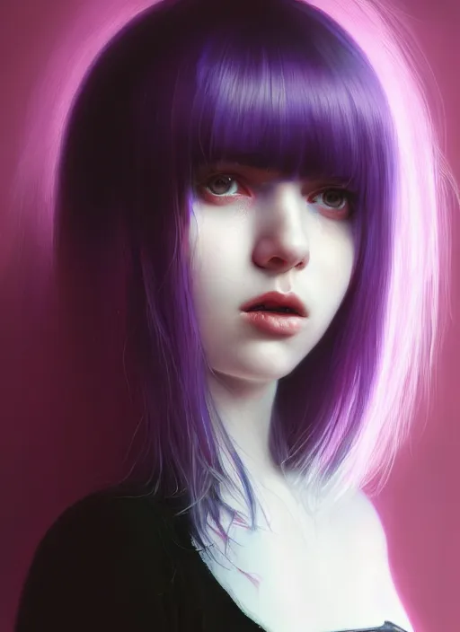 Image similar to portrait of teenage girl with white bangs, red irises, bangs, black and white hair, purple clothes, white bangs, two color hair, black hair and white bangs, intricate, elegant, glowing lights, highly detailed, digital painting, artstation, concept art, smooth, sharp focus, illustration, art by wlop, mars ravelo and greg rutkowski