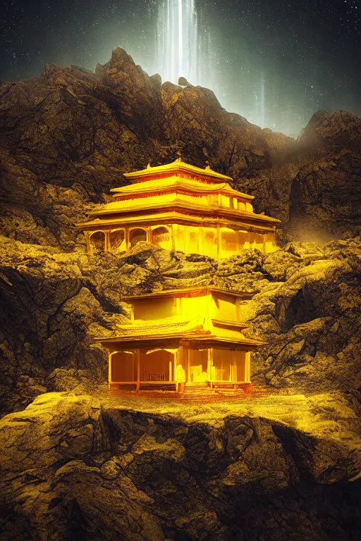 Image similar to yellow glowing ancient temple between mountains, star trails above, dramatic lighting, artstation, matte painting, filip hodas