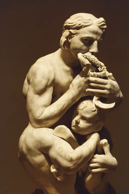 Image similar to photograph of a statue of Saturn devouring his son, in the syle of HR Geiger, extremely detailed, background is a low light museum, 4k