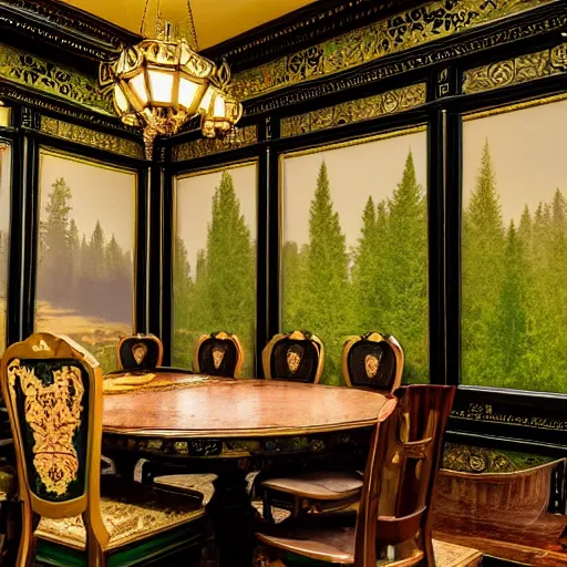 Prompt: beautiful 35mm footage landscape photography of a old Victorian Dining room, wood, green black gold brown colors, ornate wallpaper, stylistic furniture, window open to dark forest at night, wide-angle lens, detailed