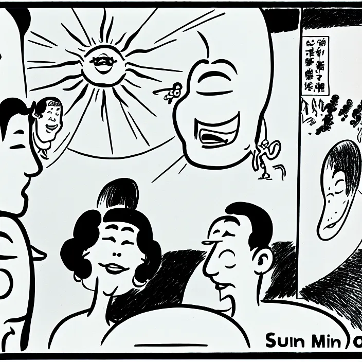 Prompt: a still frame from comic strip, smiling sun 1 9 5 0, herluf bidstrup, new yorker illustration, monochrome contrast bw, lineart, manga, tadanori yokoo, simplified,