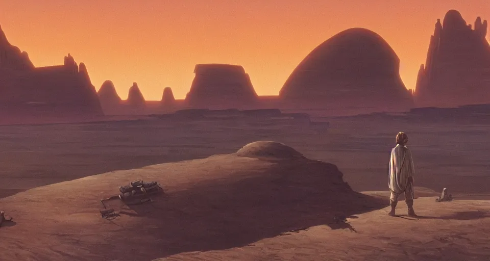 Prompt: beautiful wide shot tatooine landscape, obi wan kenobi, Luke skywalker, Star Wars a new hope 1977, studio ghibli, Miyazaki, Greg rutkowski, Jean girard, Moebius , animation, golden hour, highly detailed, 70mm