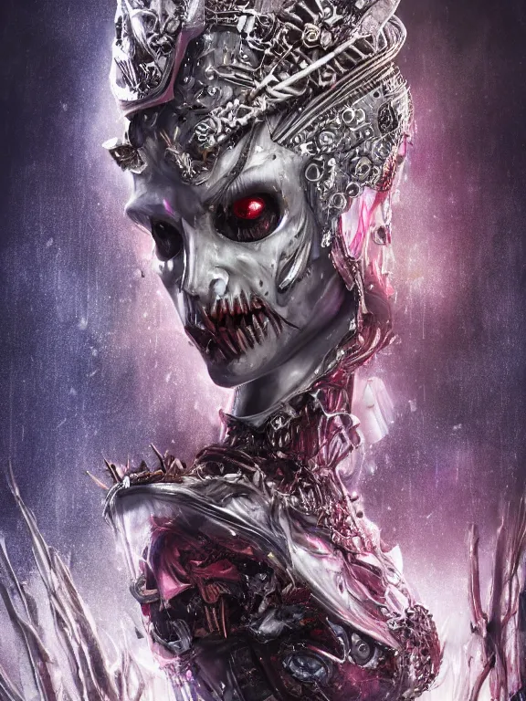 Image similar to portrait art of 8k ultra realistic undead vampire queen, ornate intricate smashed galaxy helmet , detailed intricate ornate armour,blade runner, cybernetic, full of colour, cinematic lighting, battered, trending on artstation, 4k, hyperrealistic, focused, extreme details,unreal engine 5, cinematic, masterpiece, art by ayami kojima, giger