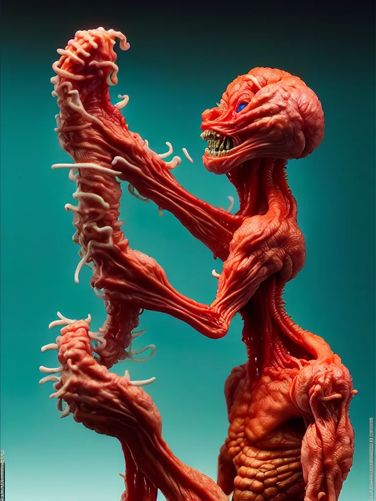 Image similar to hyperrealistic rendering, fat smooth cronenberg flesh monster final fantasy marlboro by donato giancola and greg rutkowski and wayne barlow and zdzisław beksinski, eyeballs, product photography, action figure, sofubi, studio lighting, colored gels, colored background