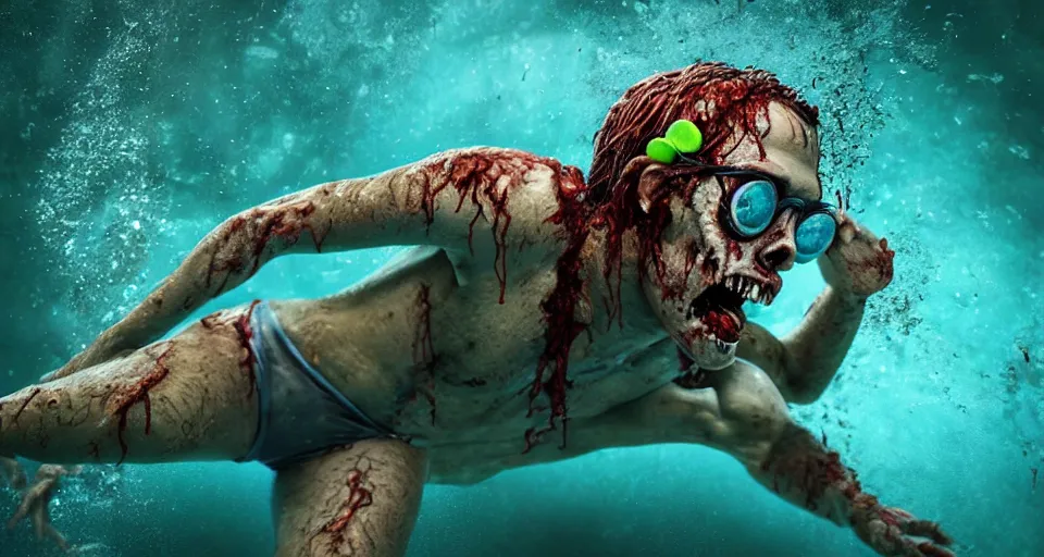 Image similar to highly detailed full body portrait of a zombie swimming underwater in a zombie - apocalypse, in a swimming pool, style of plants vs zombies, octane render