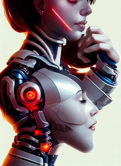 Image similar to portrait of a cyborg woman who turns her head to the ((((((right))))) left+348 (((((up))))) (((((down))))) by Artgerm,eyes closed , biomechanical, hyper detailled, trending on artstation