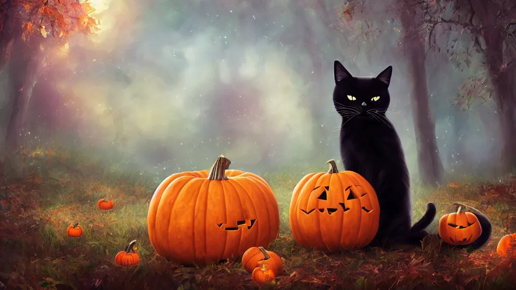 Prompt: beautiful black cat with a pumpkin in the woods ” beautiful dreamscape, digital art, concept art, detailed, lovely colors, art station, 3 - d 4 k, beautiful background, matte painting,,