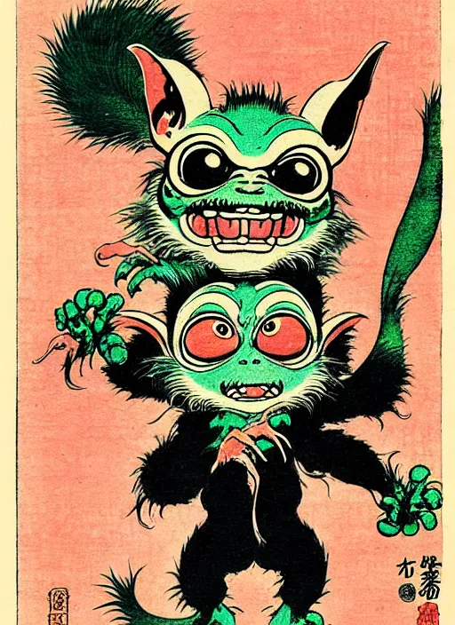 Image similar to a gremlin from gremlins ( 1 9 8 4 ) as a yokai illustrated by kawanabe kyosai and toriyama sekien