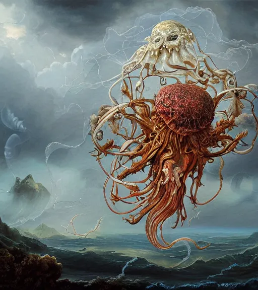 Image similar to an anatomical oil painting of a Harpy jellyfish from a medical journal by Peter Mohrbacher and Nychos, highly detailed, high detail, 8k, storm clouds, birds, dramatic lighting