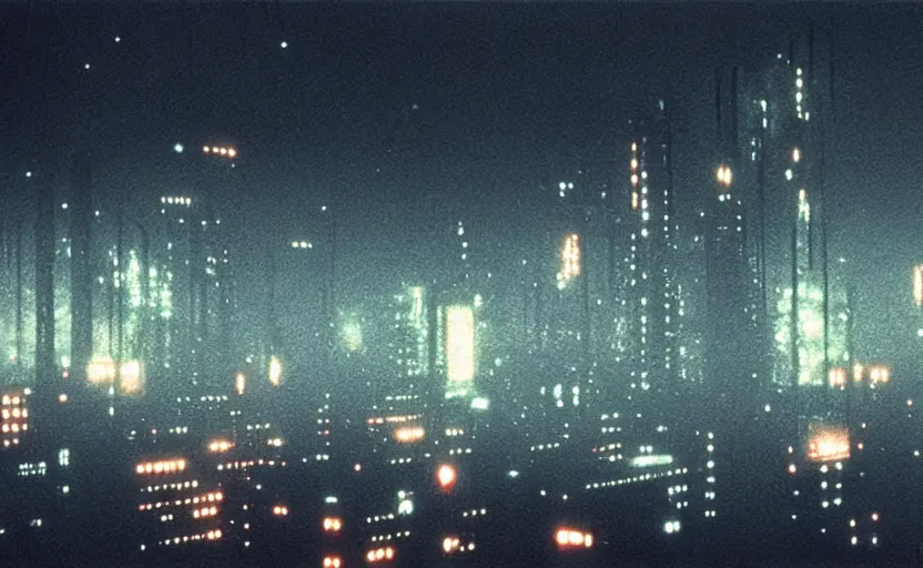 Image similar to 35mm night skyline urban photographic landscape of Blade Runner 1982 city with industrial fires and smog, futuristic dystopian megacity skyline, hard rain falling, neon