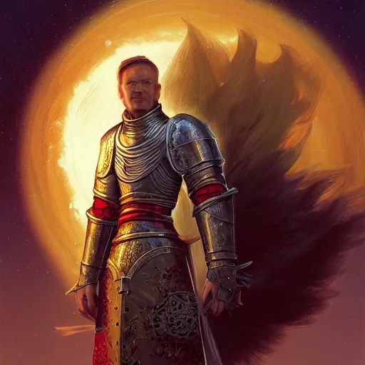 Image similar to a medieval knight in front of the sun of a susnet, unique armor, detailed, intricate, close up, fantasy, by wlop, by ross tran, by andreas rocha, by krenz cushart