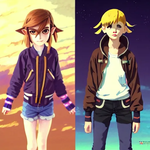 Image similar to beautiful boyish emma watson in majora's mask, wearing oversized mayan bomber jacket with overalls and leotard, bulky poofy bomber jacket with mayan patterns, aztec street fashion, gapmoe yandere grimdark, trending on pixiv fanbox, painted by greg rutkowski makoto shinkai takashi takeuchi studio ghibli, akihiko yoshida