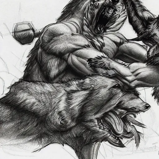 Image similar to a humanoid german shepherd beast - man wrestling with another german shepherd in the middle of an arena, pencil art, added detail, high definiton, colored, aerial viewyoji shinkawa