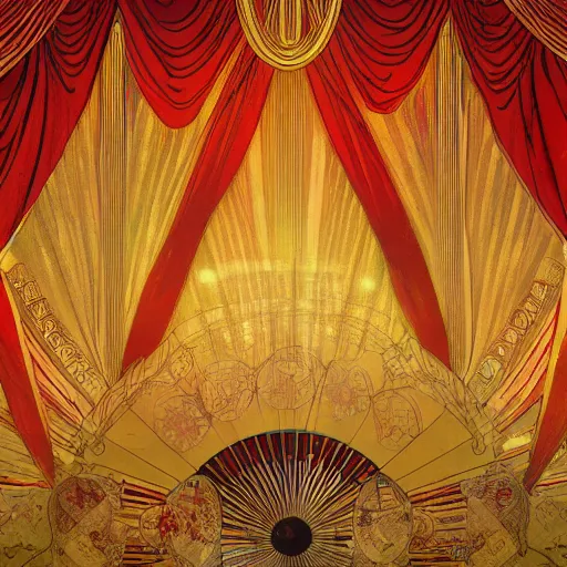 Image similar to background art of flowing theatre red curtains, centered radial design, gold art nouveau graphic elements, painting by mucha, beautiful lighting, anime, studio ghibli, norman rockwell, trending on artstation