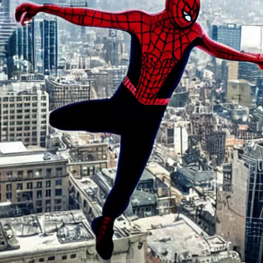 Image similar to michael jackson as spiderman flying through the city, bright