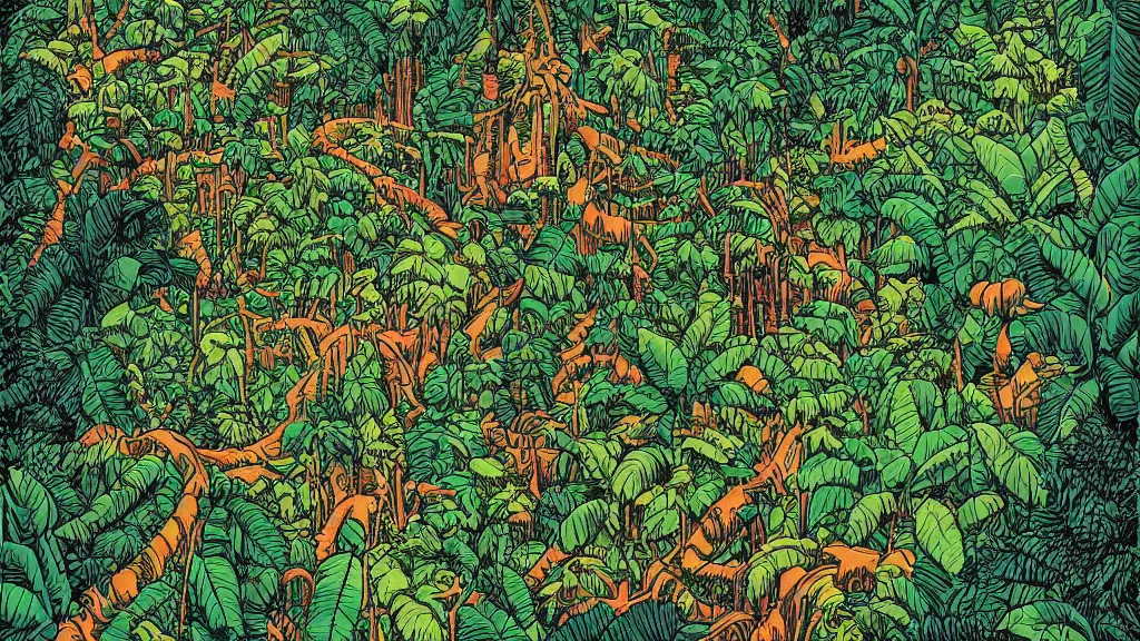 Image similar to a dense amazon rainforest jungle by dan mumford