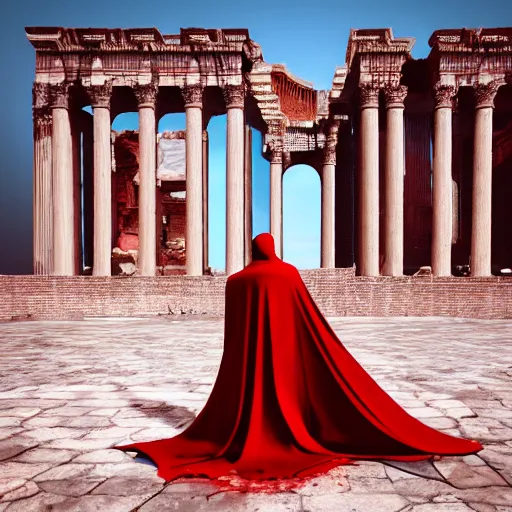 Image similar to a figure covered by red cloth that's blowing in the wind standing in a beautiful roman city, digital art, concept art, cloth simulation with houdini, octane, redshift, 8 k