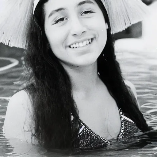 Image similar to clear photo of a beautifu and youngl female native american singer with long dark hair in a pool taken in 1 9 7 6, black and white photography, high quality, 7 0 s style photography, pool